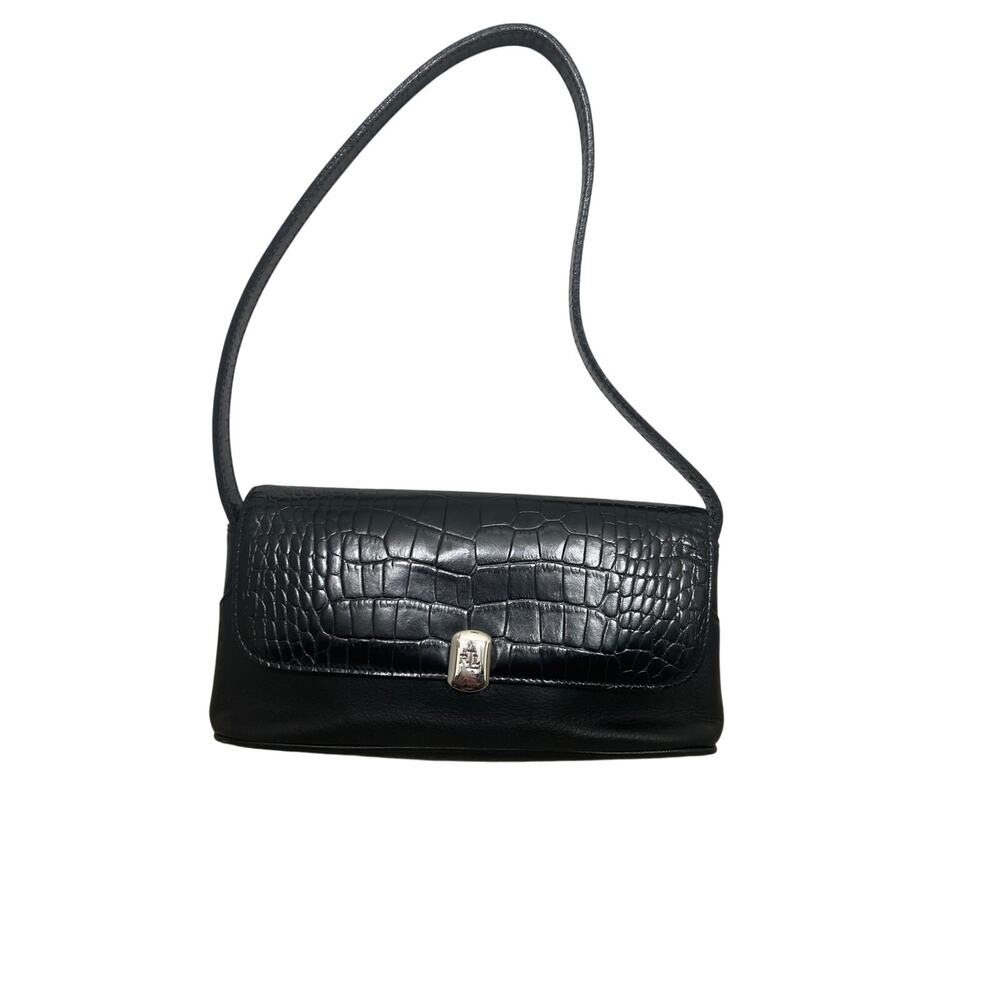 Vtg Y2K Lauren Ralph Lauren Black Croc Leather Baguette Shoulder Bag Minimalist